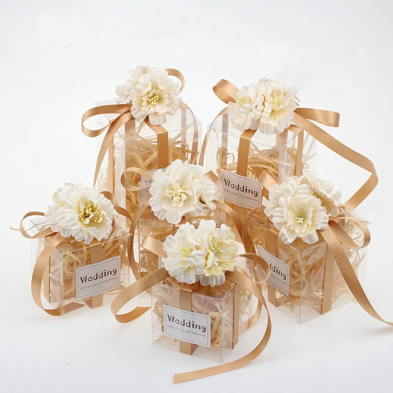 Transparent Clear Candy Box With Artificial Flower Ribbon Wedding Souvenirs for Guests Chocolate Box