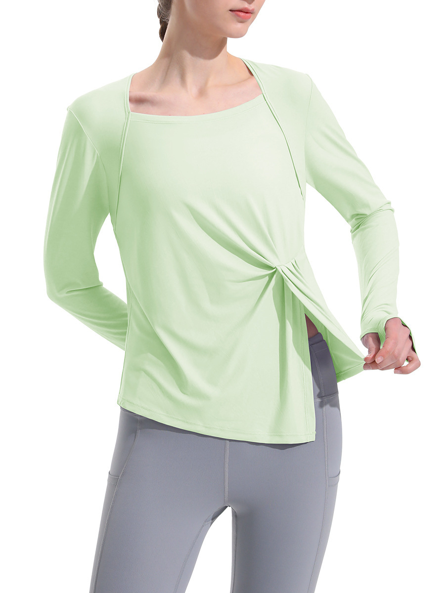 New Skin Waxy Sense Yoga Long Sleeve square Collar Slim Binding With Slit T-shirt High Elastic Sports Yoga Top