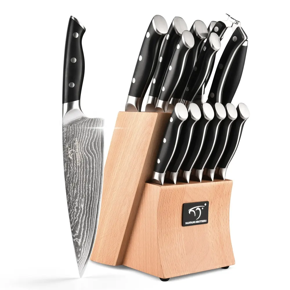 Couteaux de Chef à Steak, cuisine avec bloc en bois de pêche, livraison directe Amazon, 15 pièces