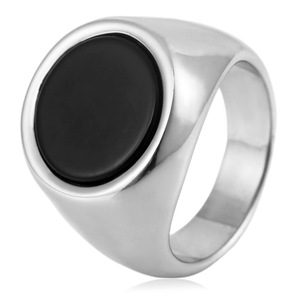 yunnique Men's <b>Titanium</b> Steel Oval <b>Ring</b> Gold Color Black Stone Bezel Setting Geometric Design Fashion Jewelry Gift - Product Image 3