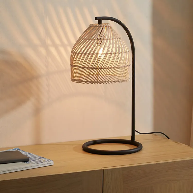 Wholesale Modern Small Nightstand Minimalist Handwoven Natural Black Rattan Wood Bamboo Table Lamp for Bedroom