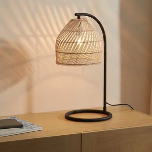 Grosir Lampu Meja Kayu Rotan Bambu Hitam Alami Anyaman Tangan Minimalis Nakas Kecil Modern untuk Kamar Tidur