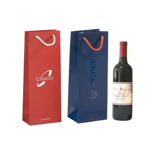 Custom Recyclable Offset Printing High end paper single wine bottle packaging gift bag with drawstring Handles