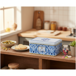 Kontensan <b>Heart</b>-<b>Shaped</b> Tin Storage <b>Box</b> 1.6L Azulejo-Inspired Blue & White Decorative Pattern Multipurpose - Product Image 2