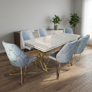 Ensemble de salle à manger moderne convertible en velours, 6 pièces, table avec plateau en marbre et chaises à dossier plein avec cadre doré, pour appartement - Product Image 1