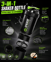 Vente en gros de bouteilles de shaker à protéines 3 en 1 de 500 ml avec compartiment pour poudre et boîte à pilules, sans BPA, étanches, en PP, pour la salle de sport, logo personnalisé