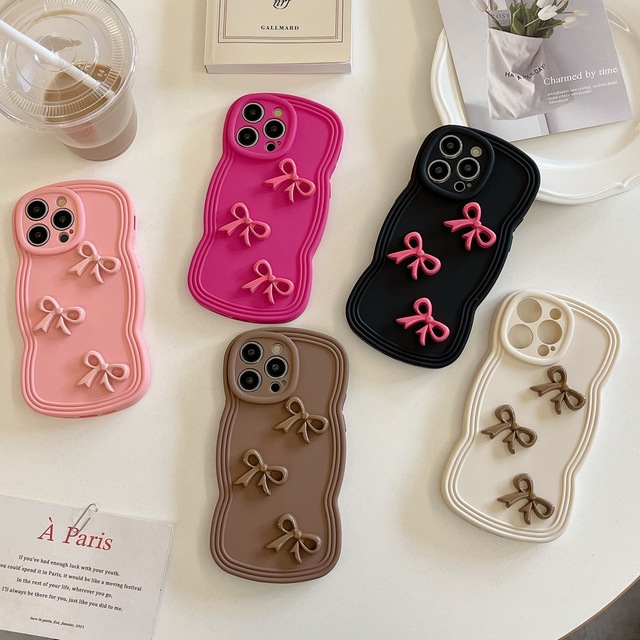 Stylish 3D Cute Ribbon Bowknot Phone Case for iPhone 16 Pro Max 14plus Soft TPU Protective Mobile Phone Cover Wavy Edge Cartoon