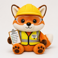Peluche personnalisée de renard mascotte avec casque de sécurité, lunettes et gilet – Peluche de renard mascotte personnalisée pour cadeaux promotionnels d'entreprise