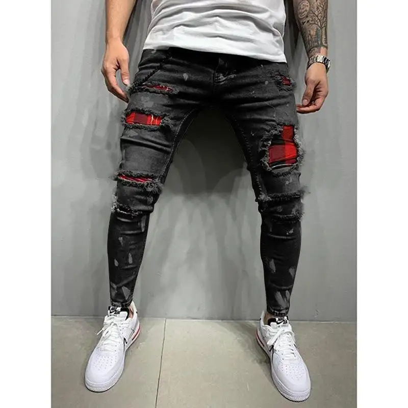 Wholesale Custom Logo Men'S Stretch Paint Splatter Denim Trouser Design Casual Distressed Ripped Hole Skinny Pant Jeans For Men