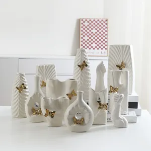 Moderne Nordic Decoratie Mat Witte Vaas Met Gouden Vlinder Tafelblad Vaas Hand Gemaakt Keramiek Voor Hotel Woonkamer Restaurant
