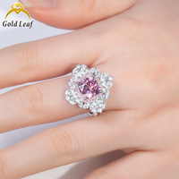 Goldleafgems Yuvarlak Pembe Mozanit Çift Hale Çiçek Şeklinde Gösterişli Yüzük 925 Ayar Gümüş Lüks Kadın Parti İnce İşçilikli Mücevher