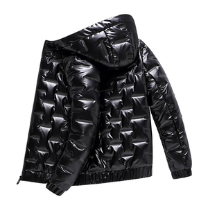 Veste matelassée imperméable à capuche noire décontractée pour homme avec fermeture éclair, longueur normale, manteau d'hiver pour l'extérieur - Product Image 1