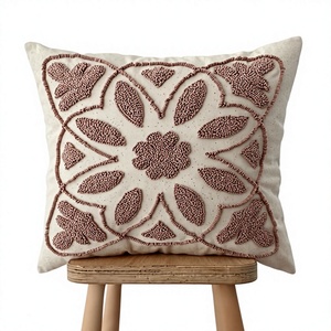 ITHL Bohemian Square <b>Throw</b> Pillow Floral Embroidery Cotton Beige <b>Red</b> Green Pattern Hand Washable Non-Toxic Customizable - Product Image 2