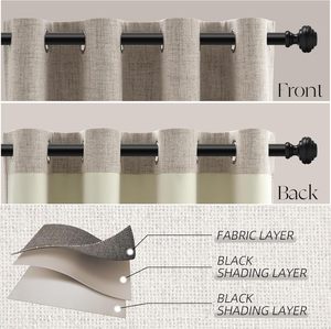 Rideaux occultants thermiques en lin gris beige foncé de luxe 100% occultants à œillets pour chambre à coucher salon hôtel - Product Image 6