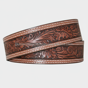 Ceinture d'outillage en cuir western pour hommes en relief floral à double couture classique pour jeans ou pantalons boucle en laiton - Product Image 1