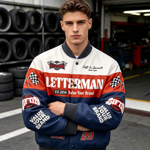 Blouson Bomber d'Hiver pour Homme Style Rétro Course Personnalisé, Coupe-Vent, Protection Anti-UV, avec Logo Patch Drapeau de Course Personnalisé, Multicolore - Product Image 5