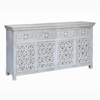 Buffet en bois massif sculpté à la main – Meuble de rangement 4 portes et 4 tiroirs finition blanchie – Credenza Shabby Chic avec décor Jali
