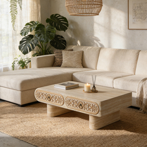 Table basse moderne à bords arrondis, durable, avec motif floral, tiroir en bois massif avec rangement pour le salon, le bureau - Product Image 2