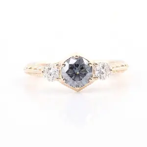 Antique ánh sáng màu xám moissanite Châu Âu Sharp kim cương nhẫn với Khắc Lá 10k 14k 18K vàng engagement Ring đồ trang sức sang trọng