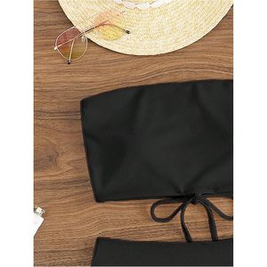 FOXA Women's 2 Piece Bikini Ribbed Bandeau Top High Waisted Panties Summer Swimwear Stretch Spandex Nylon - Product Image 5