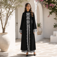 Ensemble 2 pièces modeste Loriya avec boutons mandarin, dentelle et bordure Abaya, long cardigan ouvert, tenue musulmane, 4 couleurs, 100% coton slub