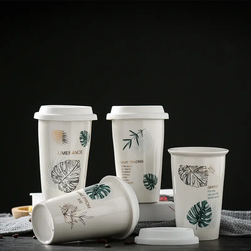 Take Away porselen termal kahve kupaları baskılı Logo su kupası çift duvar kahve fincanı silikon kapaklı seramik seyahat kupa