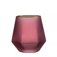 Gelas Anggur Wiski Tumbler Berwarna Buatan Tangan Kustom Berbentuk Berlian dengan Stoples Kaca Lilin Pinggiran Emas