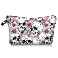 Meilleures ventes Sacs de maquillage promotionnels OEM sublimation doux Gothic Spooky Floral Skull Printed Travel Cosmetic Bags for Women