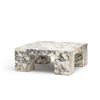 Table Basse Carrée en Marbre Breccia Massif Sculpté à la Main, Design Unique à Quatre Fentes Ouvertes, Tons Neutres, Grande Table Centrale Familiale pour la Maison de Rêve
