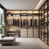 Armoire de chambre moderne autoportante avec portes vitrées, éclairage réglable et miroir pleine longueur – Conception gratuite