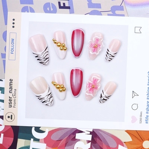 Nuevas <span class=keywords><strong>Uñas</strong></span> Postizas Personalizadas 3D con Diseño <span class=keywords><strong>de</strong></span> Rayas <span class=keywords><strong>de</strong></span> Zebra Rosas Francesas, 100% Hechas a Mano, <span class=keywords><strong>Uñas</strong></span> Artificiales al por Mayor con Pegamento - Product Image 5