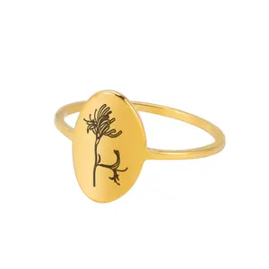 Factory wholesale 18k real gold plated stainless steel ring ladies simple style 12 birth flower oval stainless steel ring