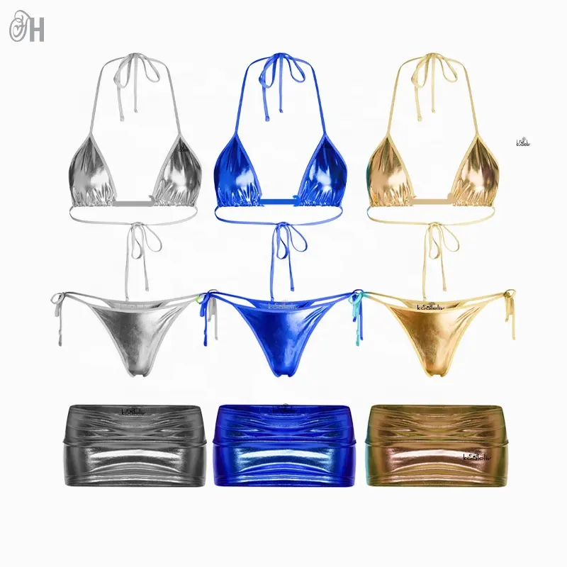 Costumi da bagno bikini metallizzati da donna con logo in metallo Set da bagno 3 pezzi per Bikini con stringhe glitterate Sexy metallizzate liquide da donna