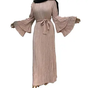 2022 factory price comfortable Women Arab Muslim Pleated Long Sleeve Maxi Dress Abaya Dubai Turkey Robe Kaftan