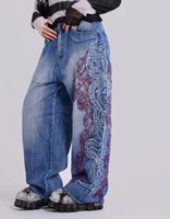 Jean décontracté à jambe large, coupe bootcut, brodé, style rétro floral vintage européen et américain, taille mi-haute, coupe droite et ample, style Y2K, pour le streetwear