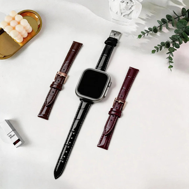 Glossy Bamboo Pattern Leather Strap for Apple Watch Ultra S11 S10 41mm Luxury Genuine Cowhide Wristband Watchband Replacement