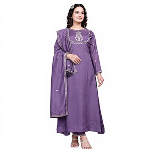 Salwar Kameez Morado de Diseñador con Bordado y Dupatta |   Traje de Novia Moderno para Mujer en Seda Chinon de Secado Rápido para Todas las Temporadas - Product Image 1