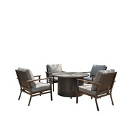 Ensemble de repas d'extérieur moderne et portable en aluminium 4 places avec bras en bois de chêne et coussins gris moelleux pour les rassemblements en parc et sur la terrasse