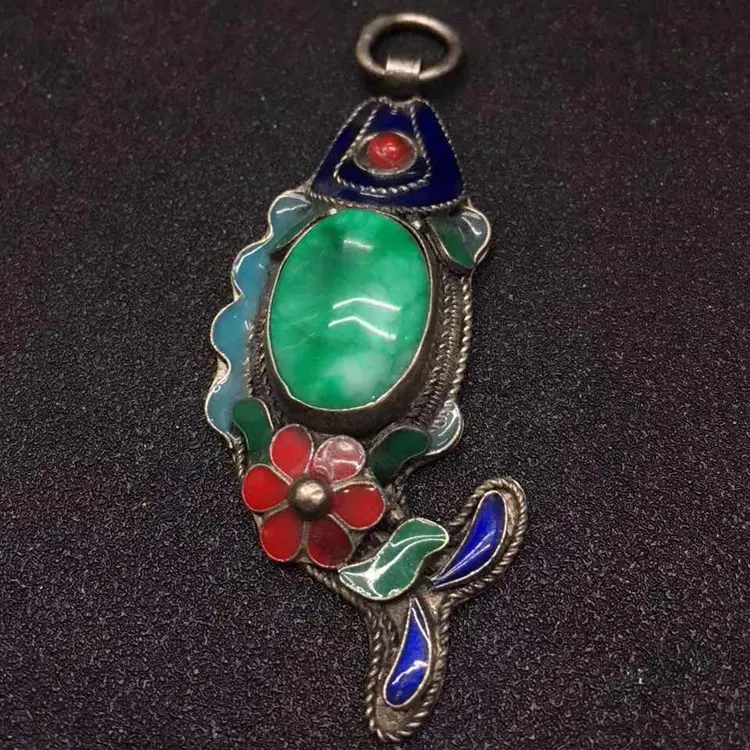 Antique antique exquis Cloisonné bleu poisson incrusté jade jade pendentif argent bijou pendentif bouddha perles parure