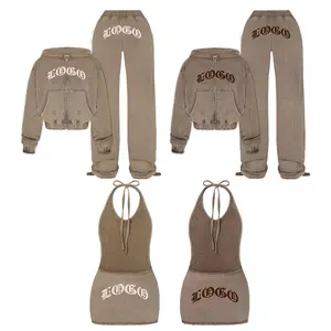 KY Embroidery Patch Crop Hoodie Acid Wash Hoodies Sweatpants And Hoodie Set Acid Washed Long Sleeve Custom Tracksuits For Women