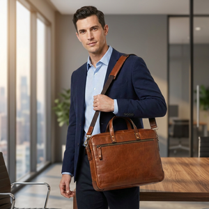Sacoche pour ordinateur portable en cuir véritable personnalisable BS INTERNATIONAL, moderne, durable, légère, grande capacité, à porter à l'épaule - Product Image 1