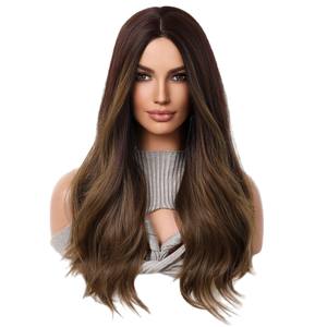 Nouvelle perruque complète pour femme, longue, ondulée, effet dégradé brun, cheveux bouclés, en soie mate européenne, à trame unique - Product Image 1