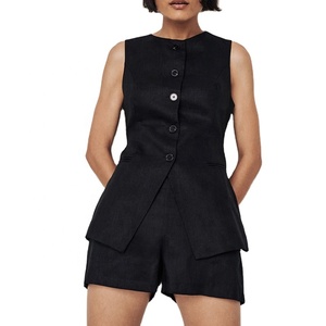 <span class=keywords><strong>Chaleco</strong></span> de lino con detalle de botón a través del cierre para <span class=keywords><strong>mujer</strong></span> <span class=keywords><strong>Chaleco</strong></span> de palangre a medida Escote redondo con botón <span class=keywords><strong>Chaleco</strong></span> de lino negro - Product Image 1