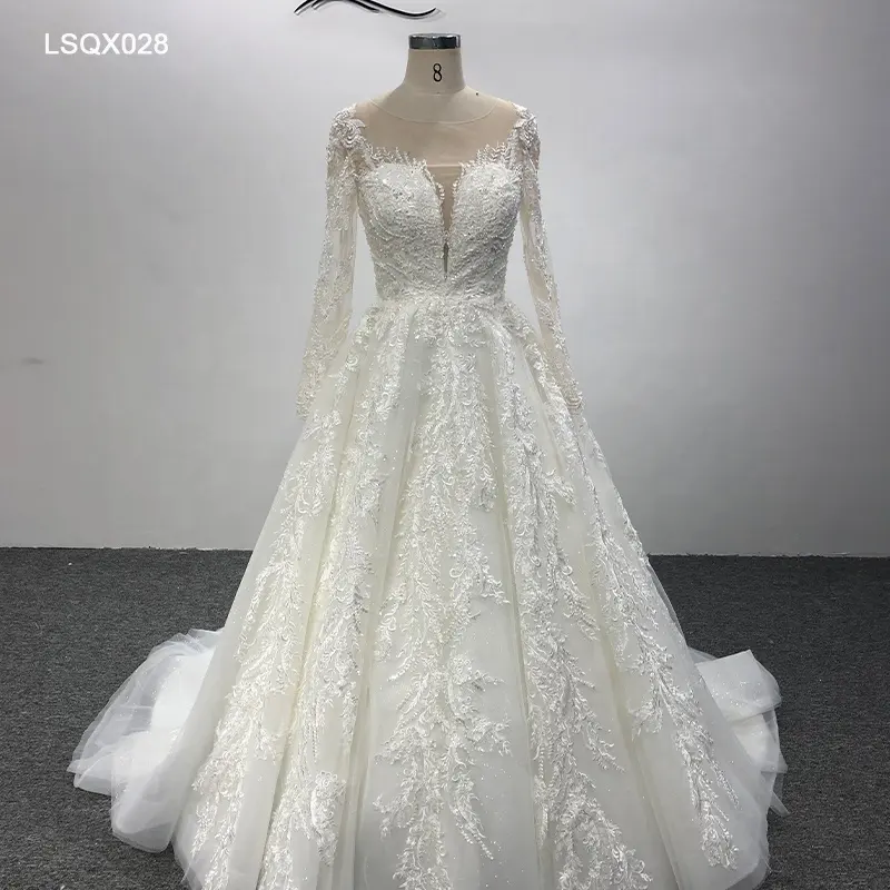 Jancember LSQX028 Elegant Cute O-neck Long Sleeve Lace Up Backless Wedding Dress