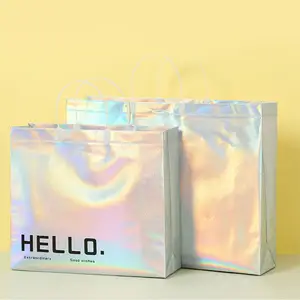 Custom Logo Eco Recyclable Holographic Iridescent Metallic Laminited Non Woven Glitter Tote Bag For Shopping