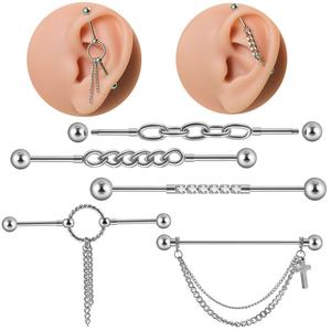 1Pc Industriële Barbell Ring Rvs Oor Kraakbeen Bar Studs Oorbellen Chirurgisch Staal Zirkoon Ketting Hanger Mode Lichaam - Product Image 1