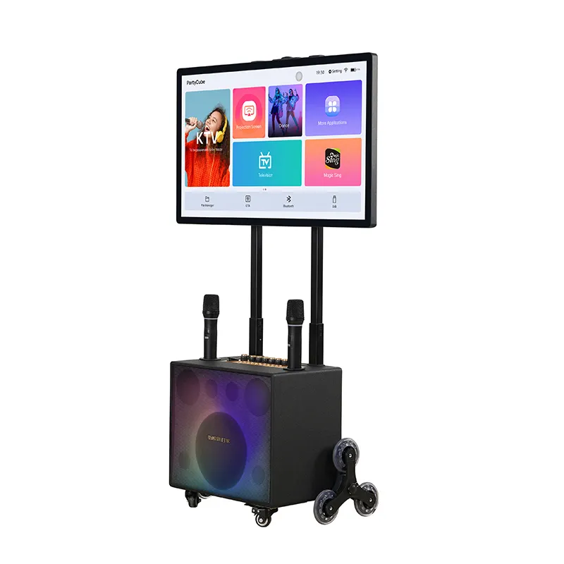 Caixa de alto-falantes de madeira para karaokê, carrinho portátil com tela de toque USB/SD/UHF sem fio MIC/32'' recarregável e removível