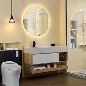 Meubles de salle de bain modernes suspendus au mur avec miroir LED <span class=keywords><strong>et</strong></span> lavabo en <span class=keywords><strong>pierre</strong></span> - Mobilier de salle de bain luxueux - Product Image 2