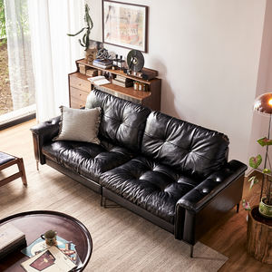 Sofá Seccional Convertible Nebula, Cuero Vacuno Encerado Negro Brillante, Respaldo Alto, Patas de Acero Inoxidable, Tapizado Moderno - Product Image 3