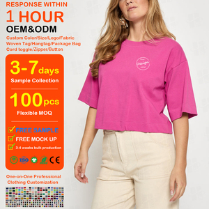 เสื้อยืดครอปโอเวอร์ไซส์สั่งทำขายส่ง ผ้าฝ้ายแท้ 100% ทรงหลวม สกรีนโลโก้ปักเอง คอกลม เสื้อครอปลำลองสำหรับผู้หญิง - Product Image 1
